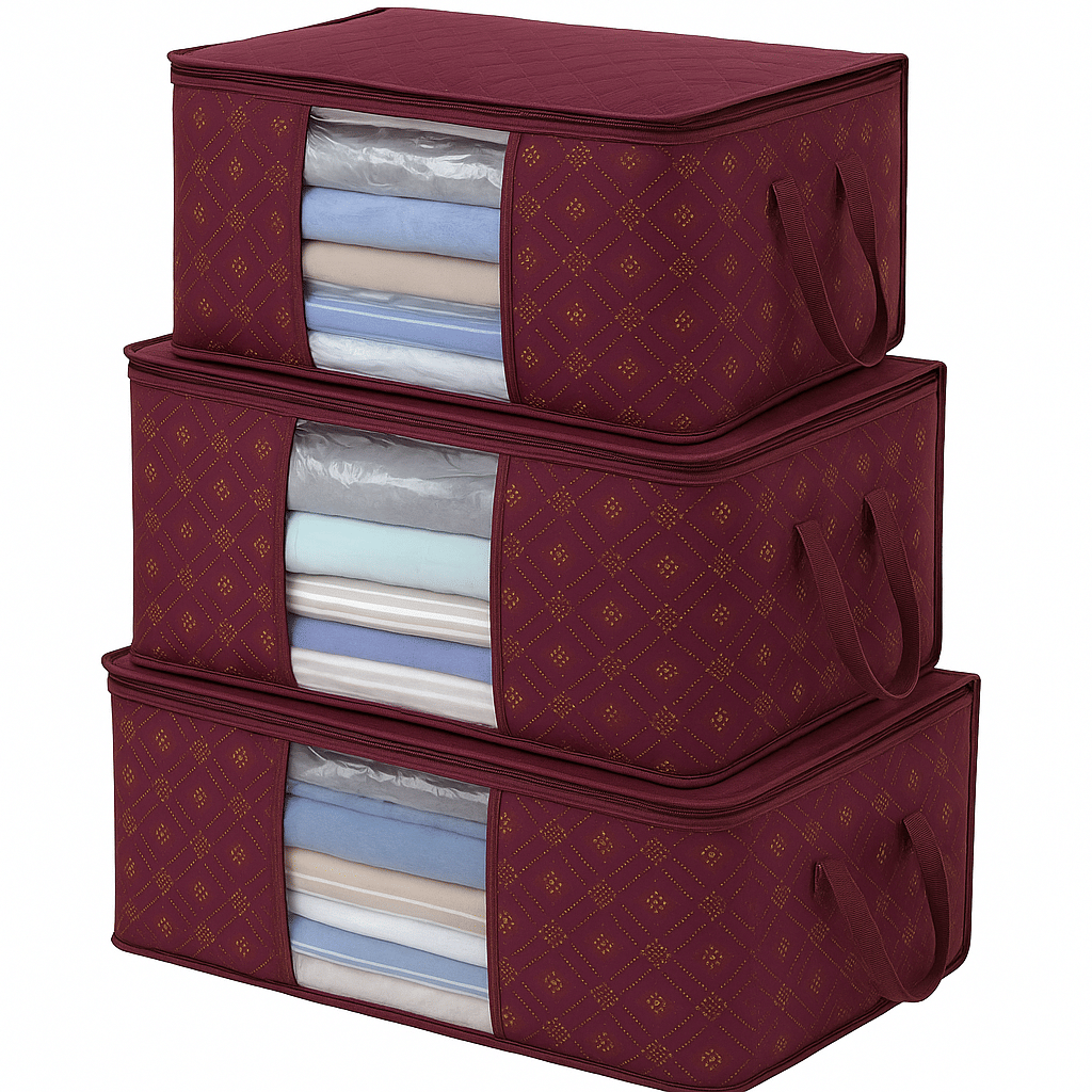WAJI VA Luxury Foldable Clothes Storage Organizer Boxes with Clear Window, Black and Gold Pattern, Set of 3, Large Capacity Underbed Storage Containers for Blankets, Bedding, Seasonal Items