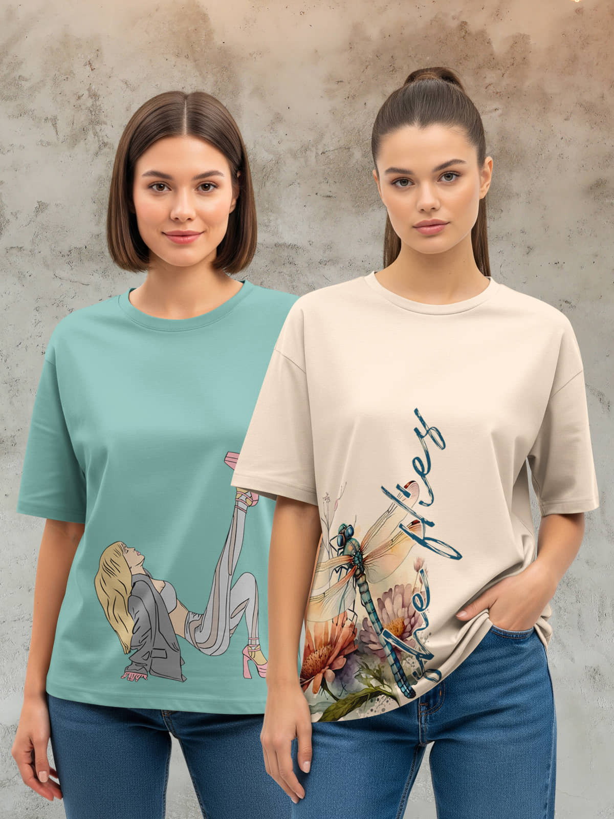 HELLCAT Women Cotton Blend Printed Oversized Fit Round Neck T-Shirt ( Multicolor 4 )