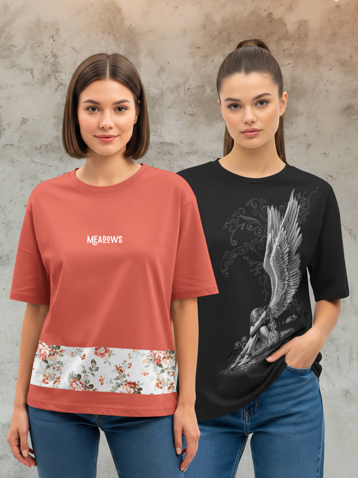 HELLCAT Women Cotton Blend Printed Oversized Fit Round Neck T-Shirt ( Multicolor 3 )