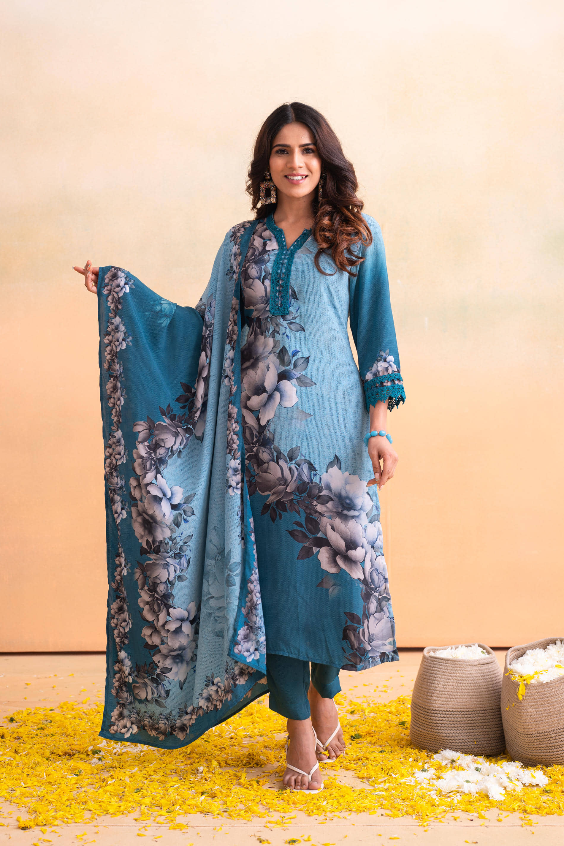 Juniper Women Polyester Printed Straight Kurti With Pants ( Blue )