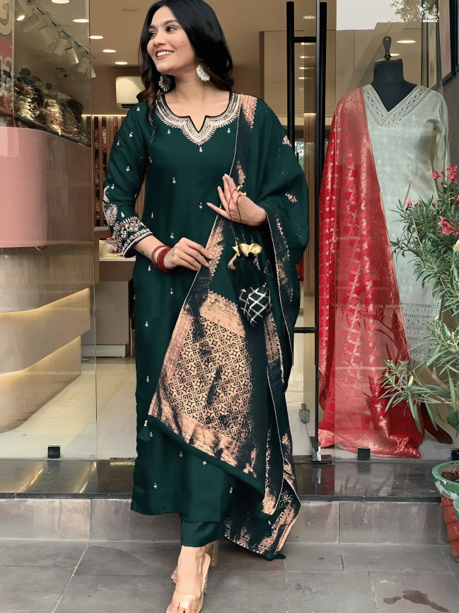 OMICRON FAB Women Chanderi Silk Embroidered Straight Kurti With Pants ( Green )