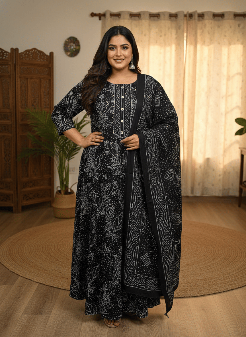 Swasti Women Cotton Printed Straight Kurti With Patiala Salwar ( Black )