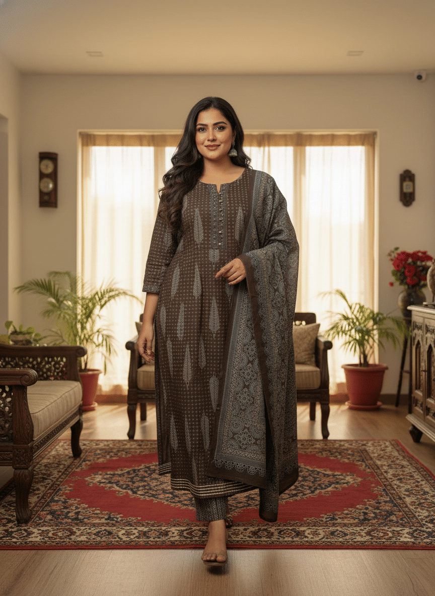 Swasti Women Cotton Printed Straight Kurti With Patiala Salwar ( Brown )