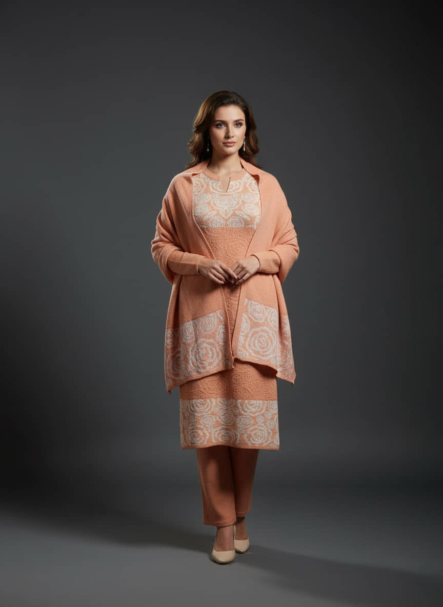WOOL'S KART Women Woollen Printed A-line Kurti With Palazzo ( Orange )