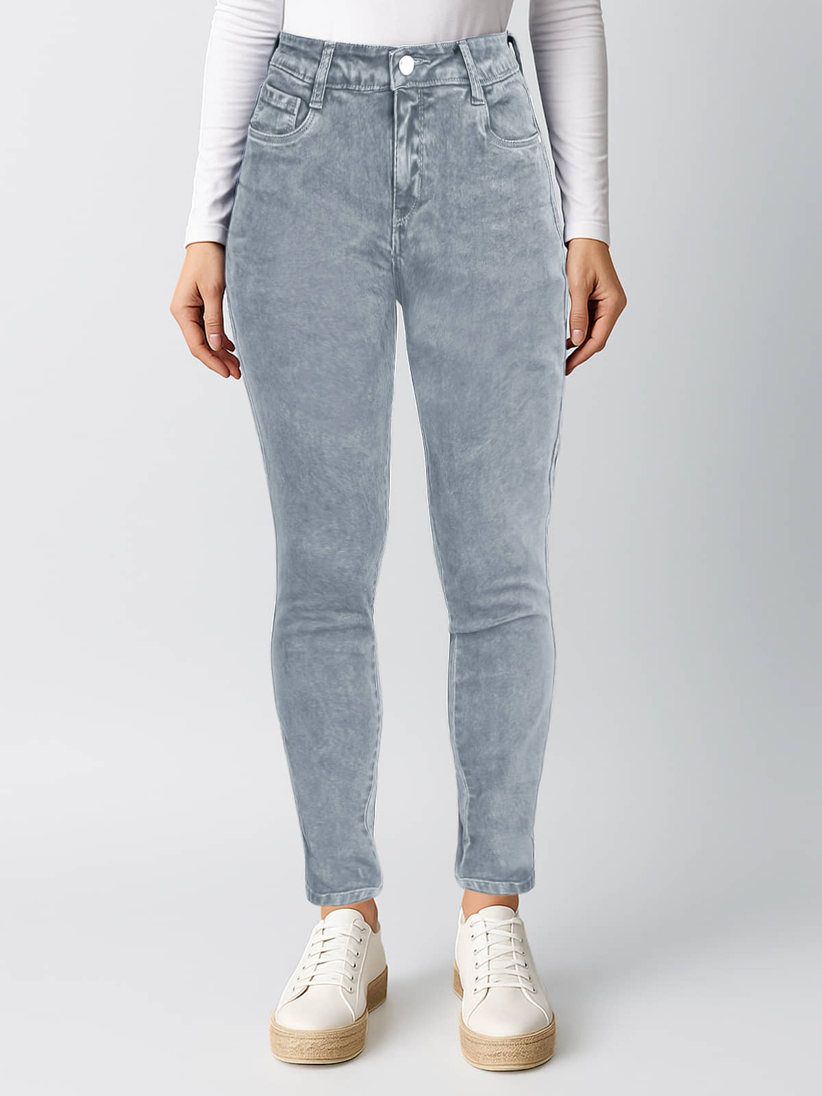 plounge Women's Slim Fit High-Rise Jeans ( Light Grey ) - Jeans | Buy online on ZillyBuy