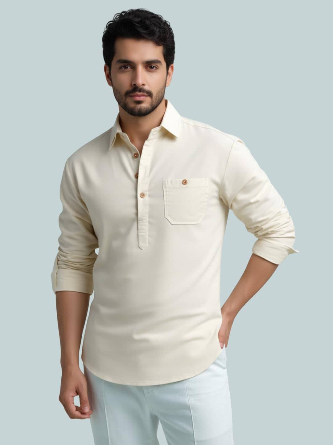 Vida Loca Cotton Blend Plain Shirt Style Kurta For Men ( Beige ) - Kurtas & Kurta Sets | Buy online on ZillyBuy