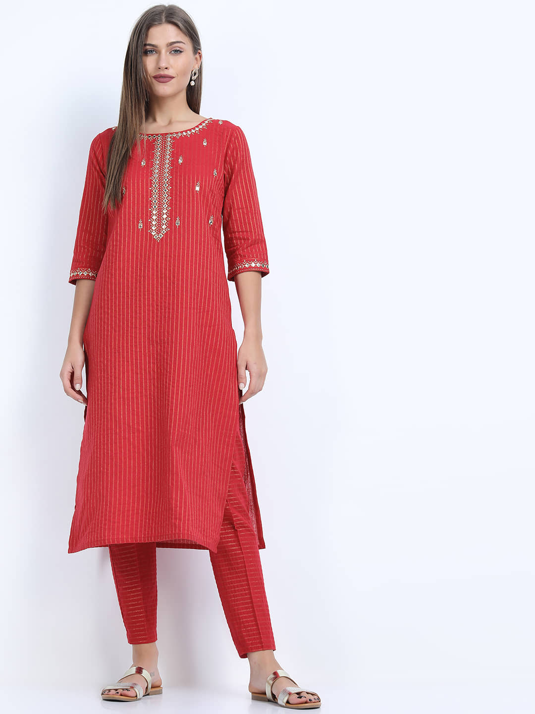 Vishudh Women Cotton Striped Straight Kurti With Pants ( Red )