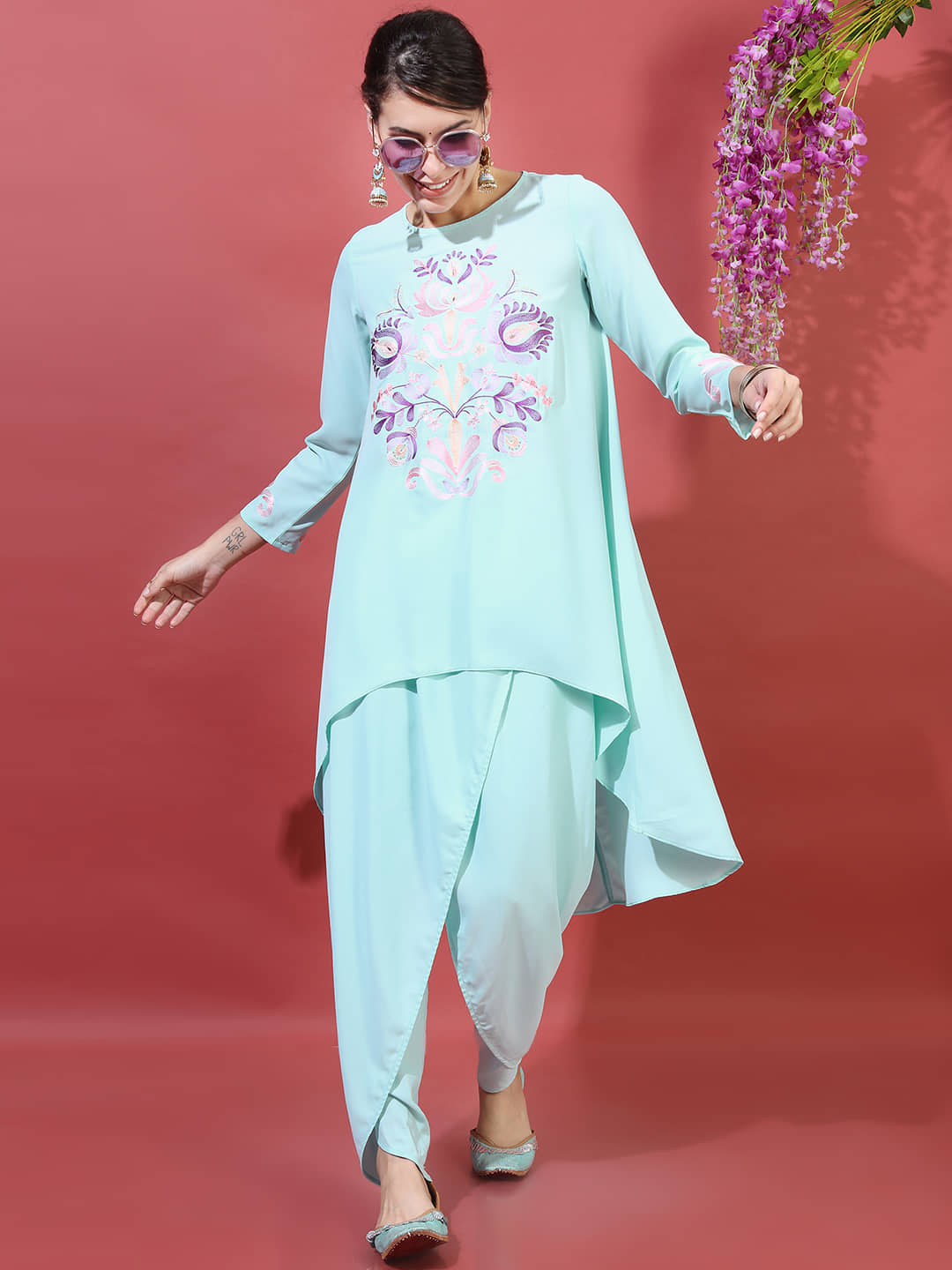 Vishudh Women Viscose Embroidered A-line Kurti With Dhoti Pants ( Blue )