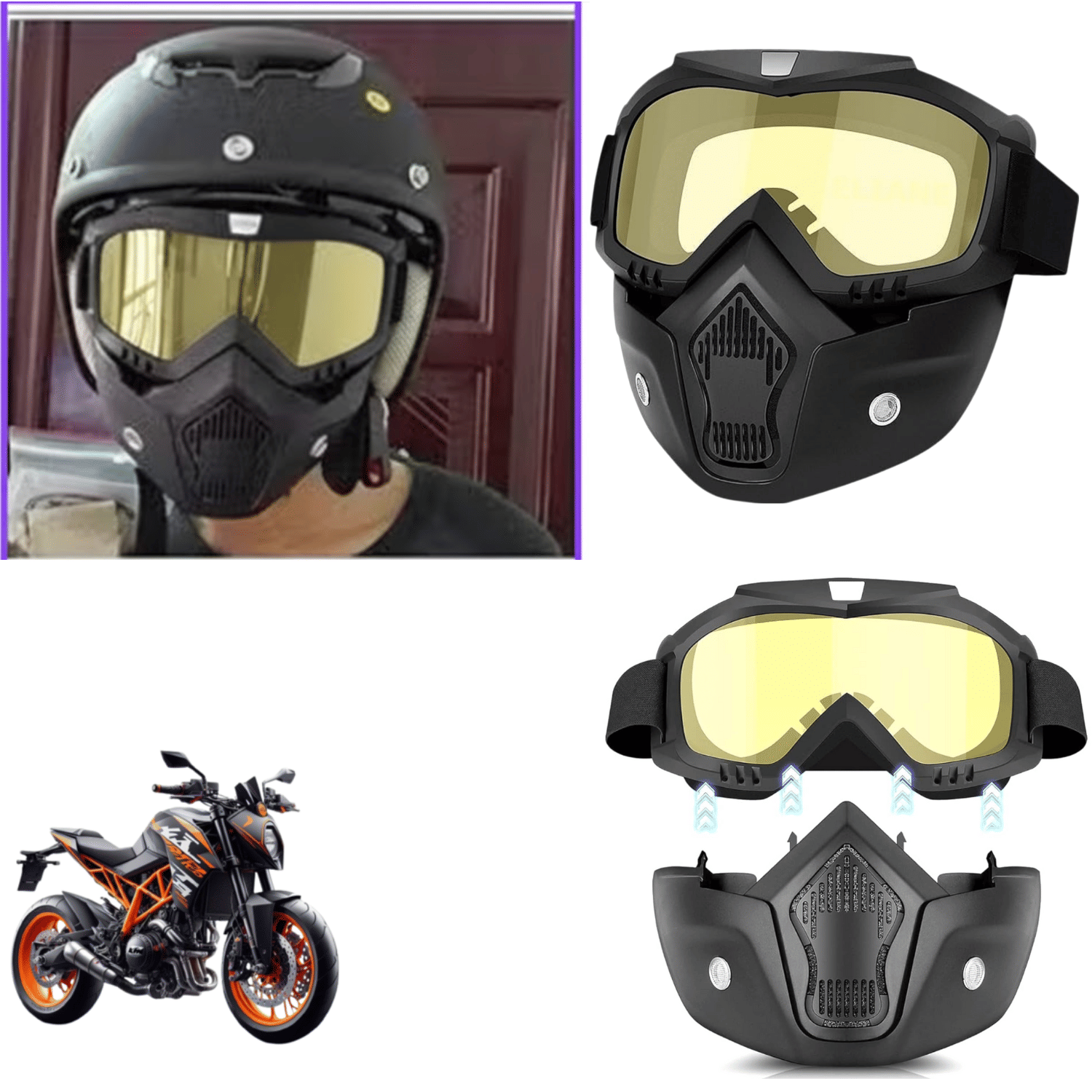 Aksmit Pack Of 1 Goggle Mask Anti Scratch UV Protective Face & Eyewear Windproof Dirt Shield with Soft Foam Padded Detachable Mouth Filter for Cycling Bike Off Road Racing Ride Unisex (Yellow Visor)