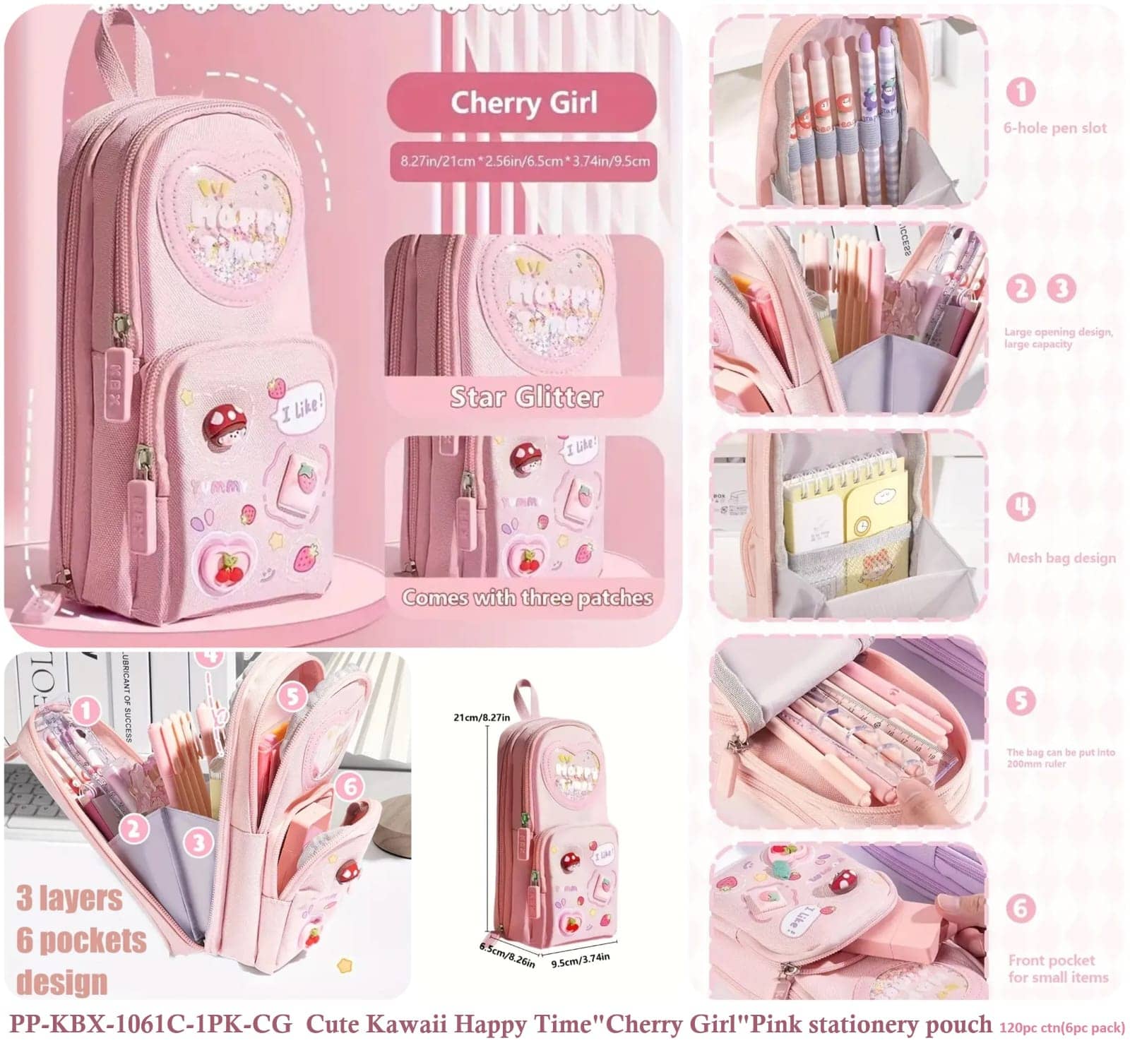 Villy Happy Time “Cherry Girl” 3-Layer Large Capacity Pencil Pouch with Star Glitter & 3D Patches – Pink