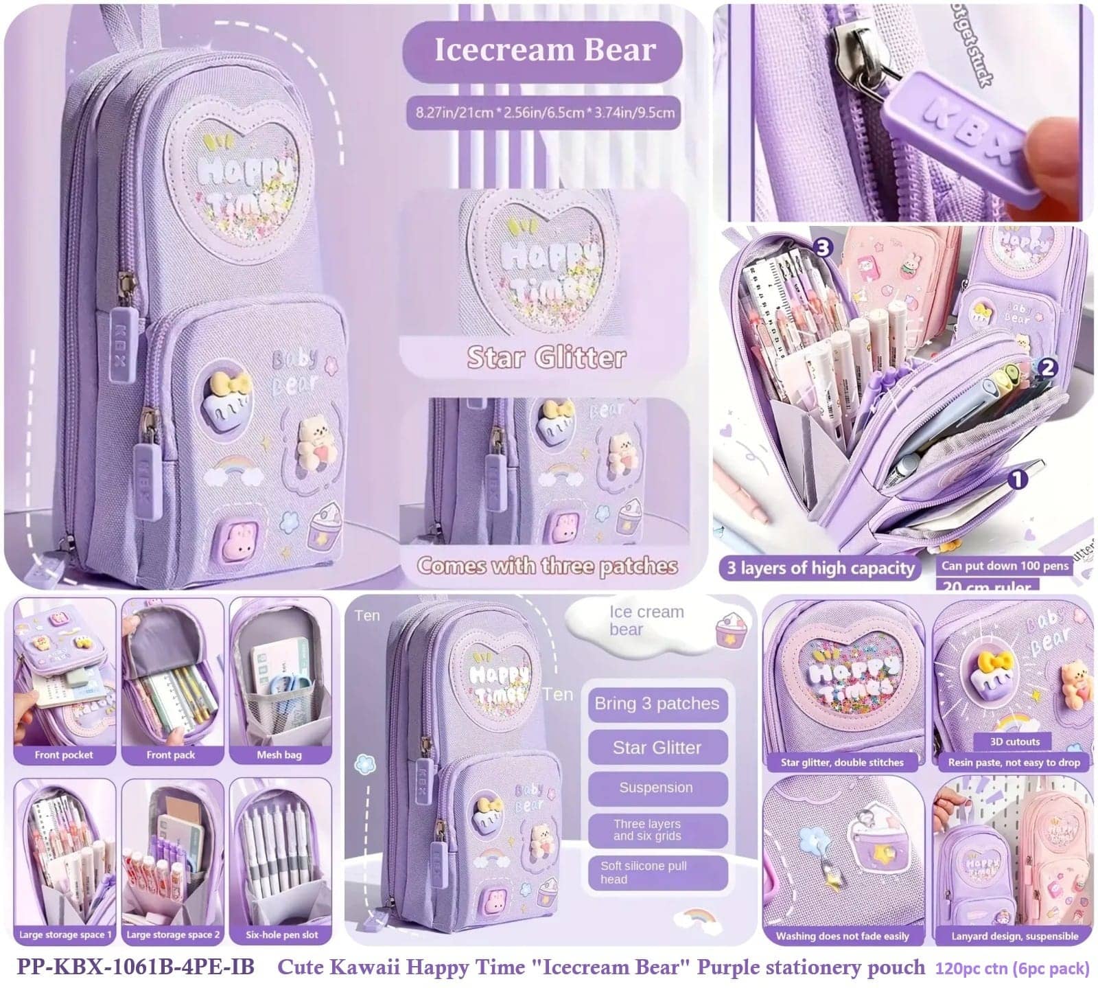 Villy Happy Time “Icecream Bear” 3-Layer Large Capacity Pencil Pouch with Star Glitter & 3D Patches – Purple