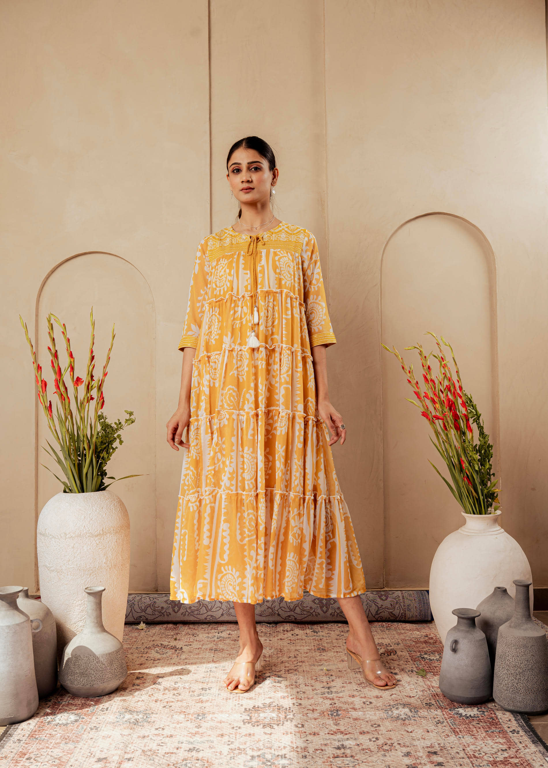 Juniper Women Polyester Fit & Flare Dress ( Mustard )