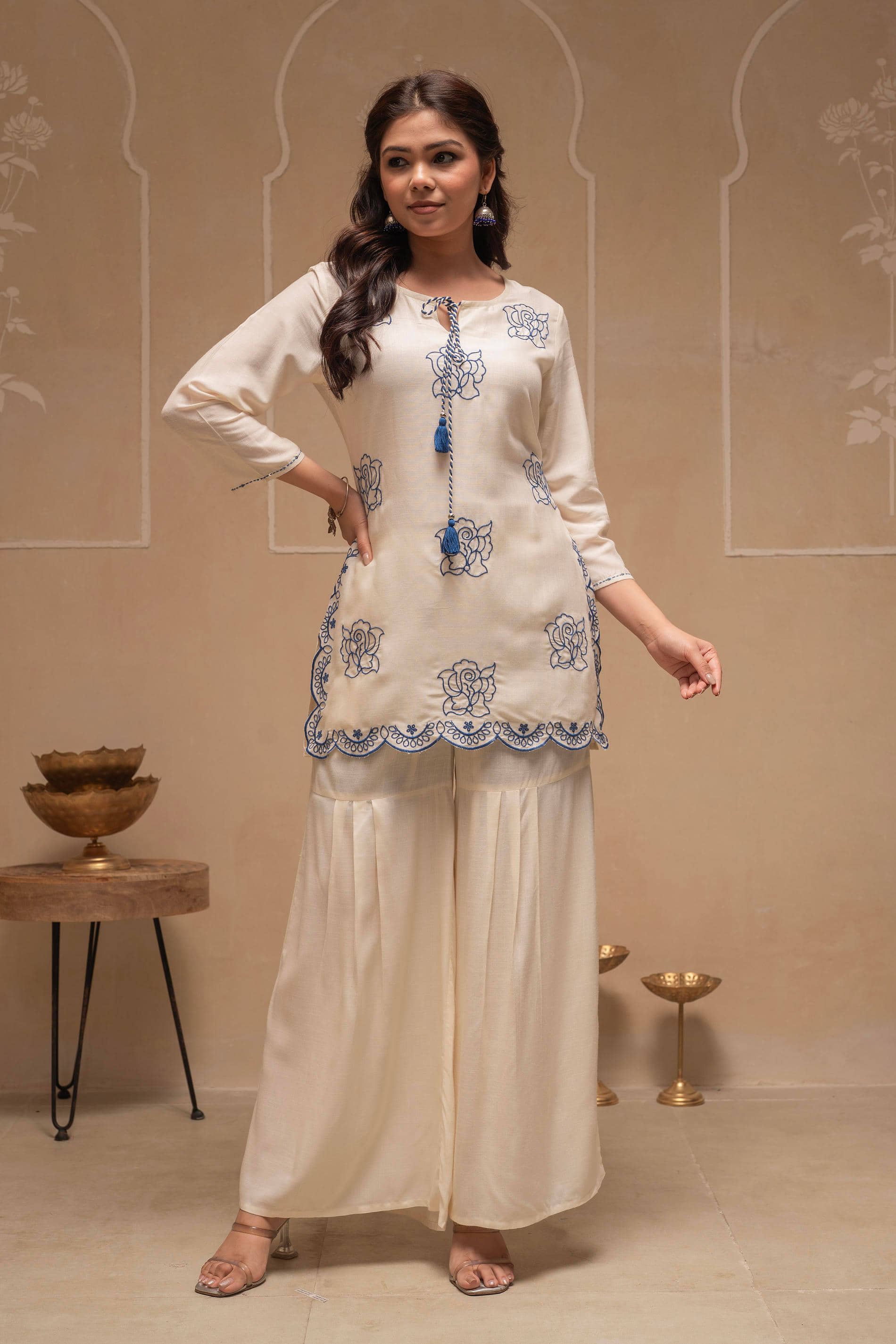 Juniper Women Tunic With Trousers Co-Ord Set ( Off White )