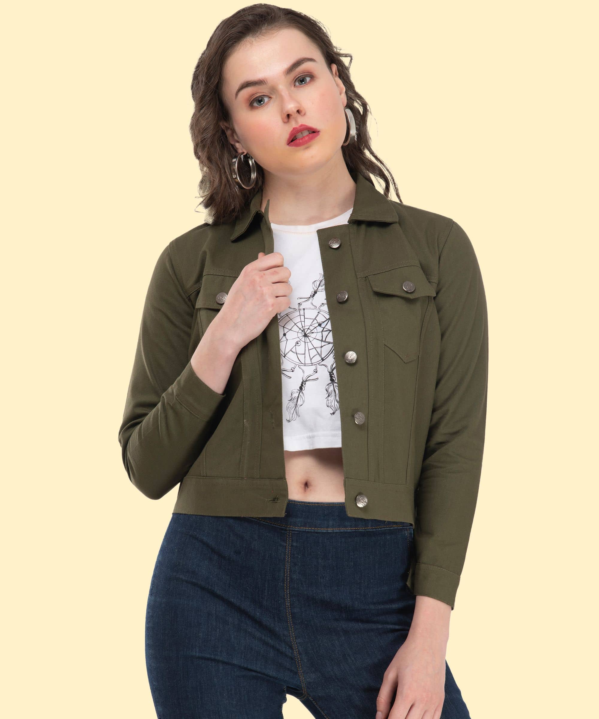 Montrez Women Shirt Collar Denim Jacket ( Green ) - Jackets & Coats | Buy online on ZillyBuy