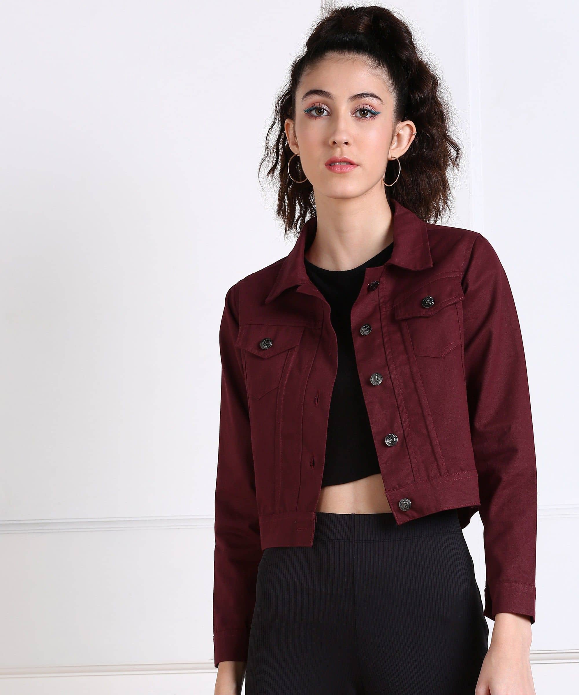 Montrez Women Shirt Collar Denim Jacket ( Maroon ) - Jackets & Coats | Buy online on ZillyBuy