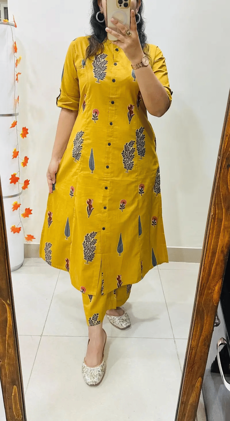 YAGNIK FASHION Women Rayon Printed A-line Kurti With Palazzo ( Yellow )