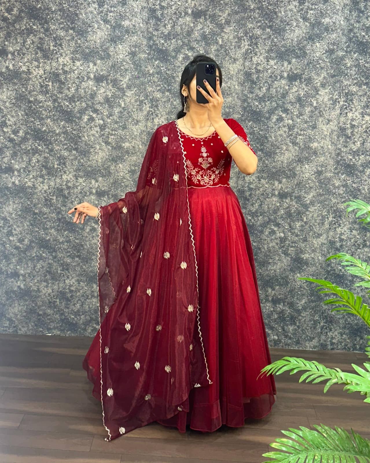 INDIAN SILKS Women Velvet Anarkali Stitched Ethnic Gown With Dupatta ( Red ) - Unstitched Fabrics | Buy online on ZillyBuy