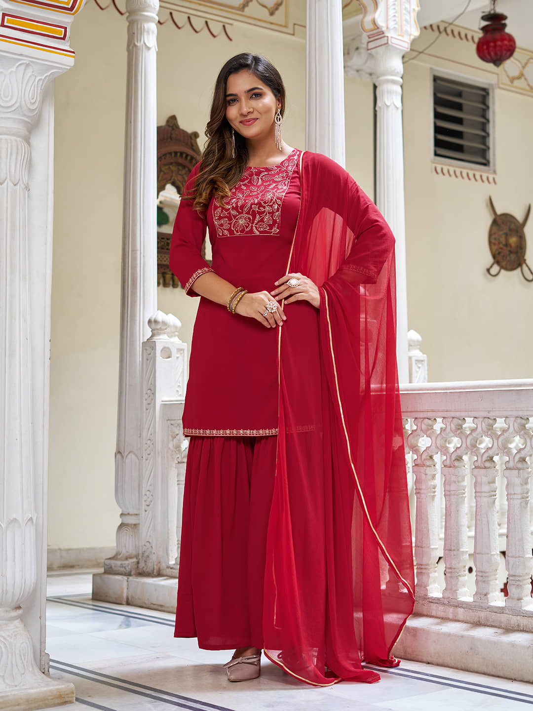 VIBE VISION Women Silk Solid Straight Kurti With Sharara And Gharara ( Red )