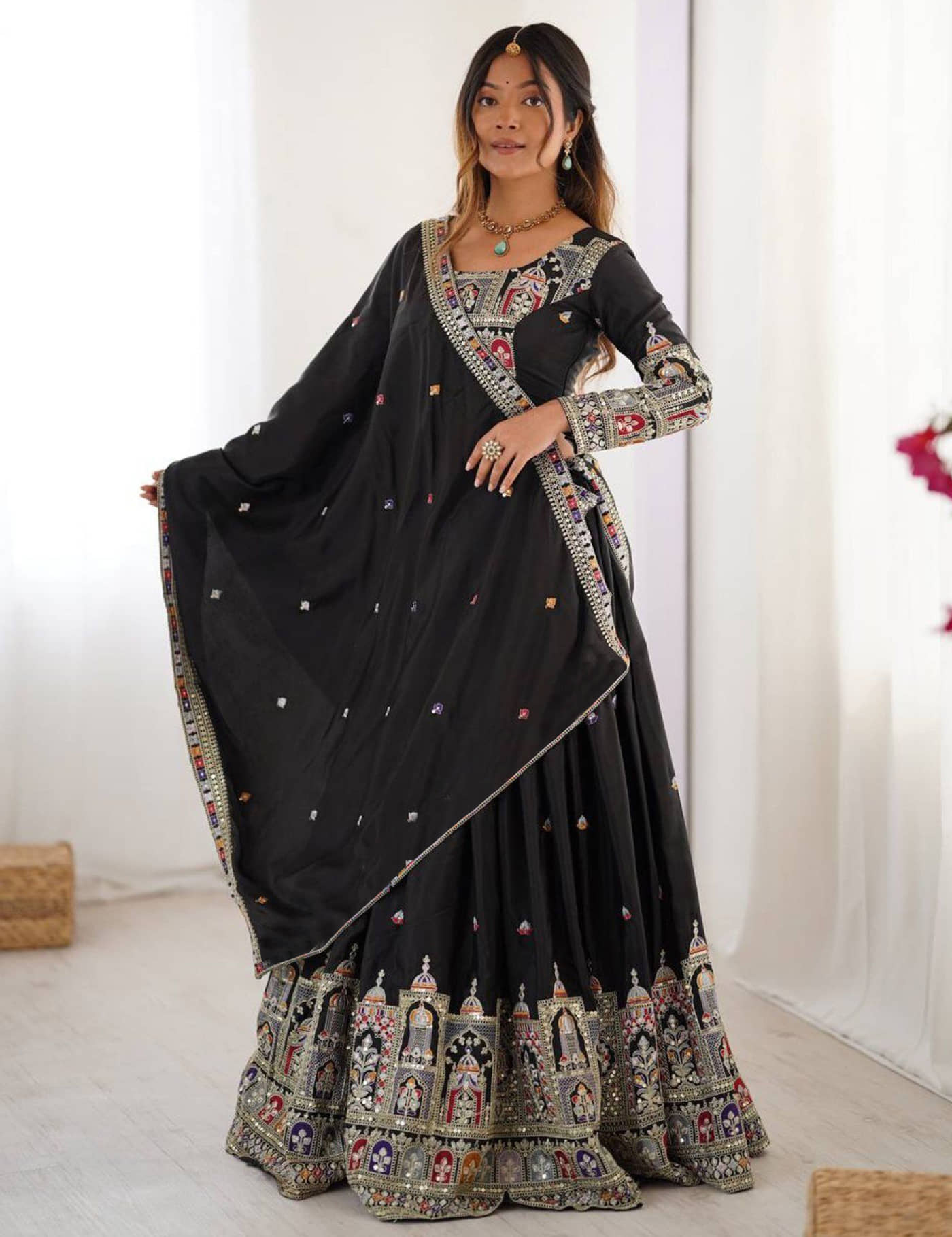kedar fab Women Silk Circular Semi Stitched Lehenga Choli ( Black )