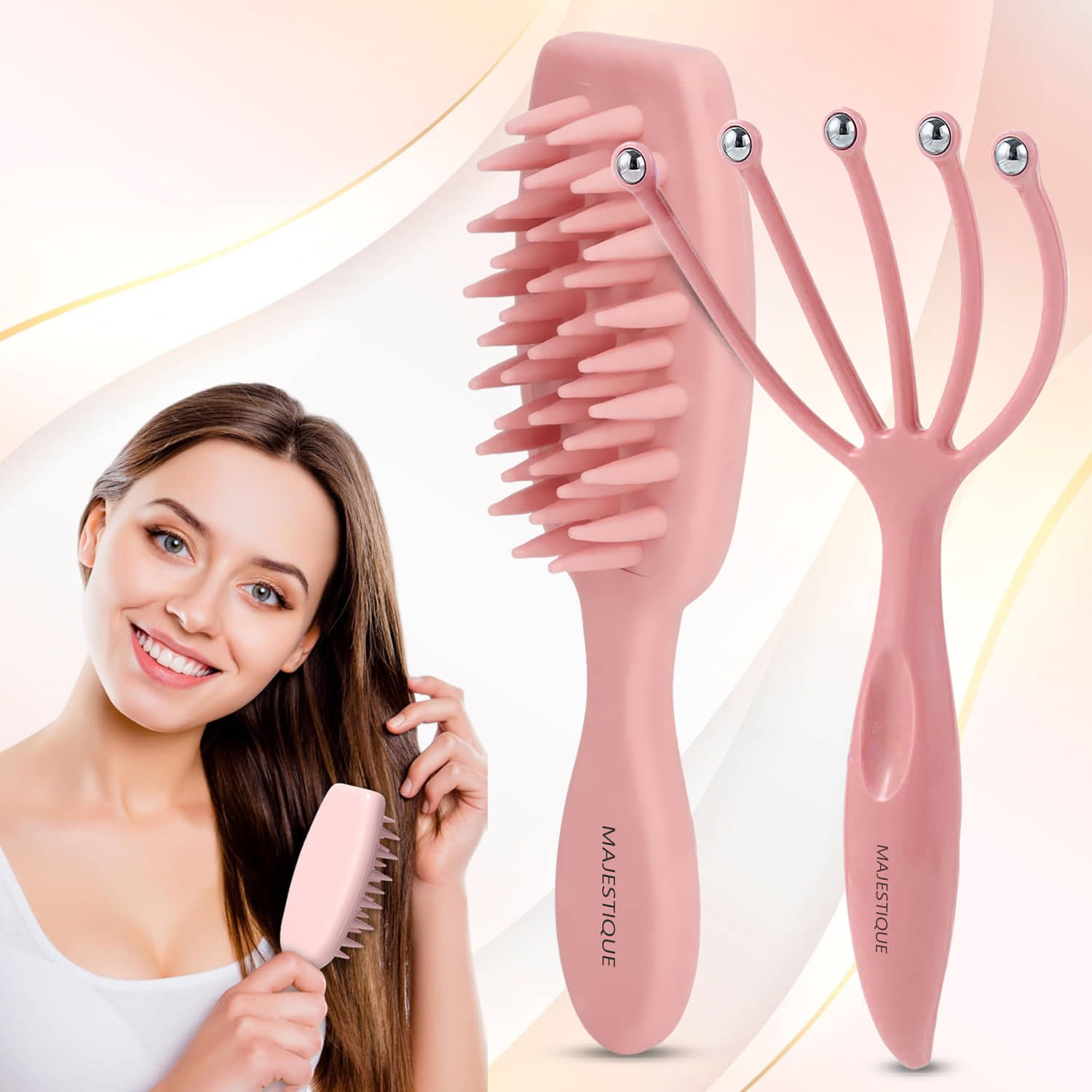 Majestique 2-IN-1 Hair Massaging Set, Head Massager for All Hair Types - 2Pcs/Multicolour