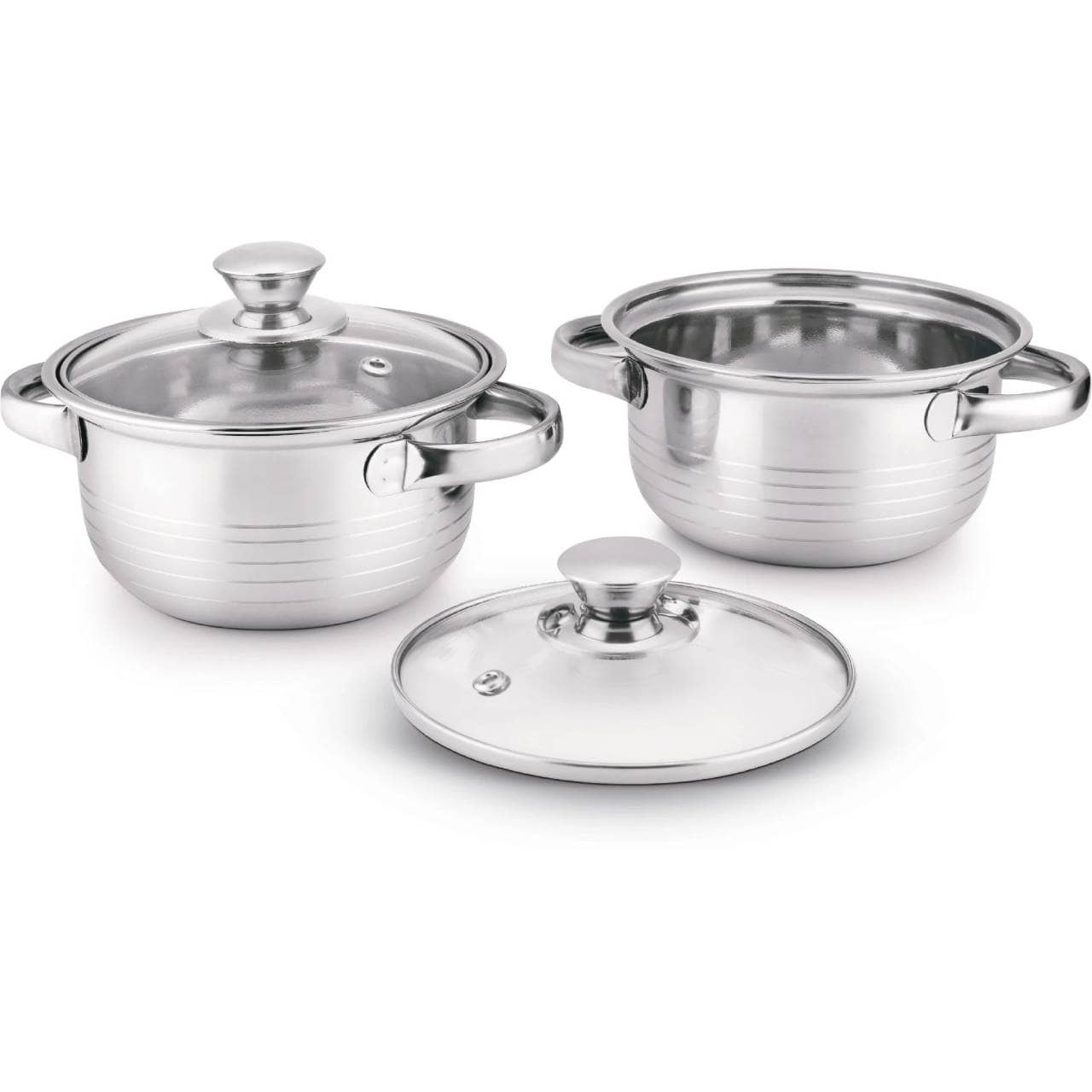 Classic Essentials Casserole with Glass Lid Silver Steel Serve Casserole ( Set of 2 , 1050,2100 mL )
