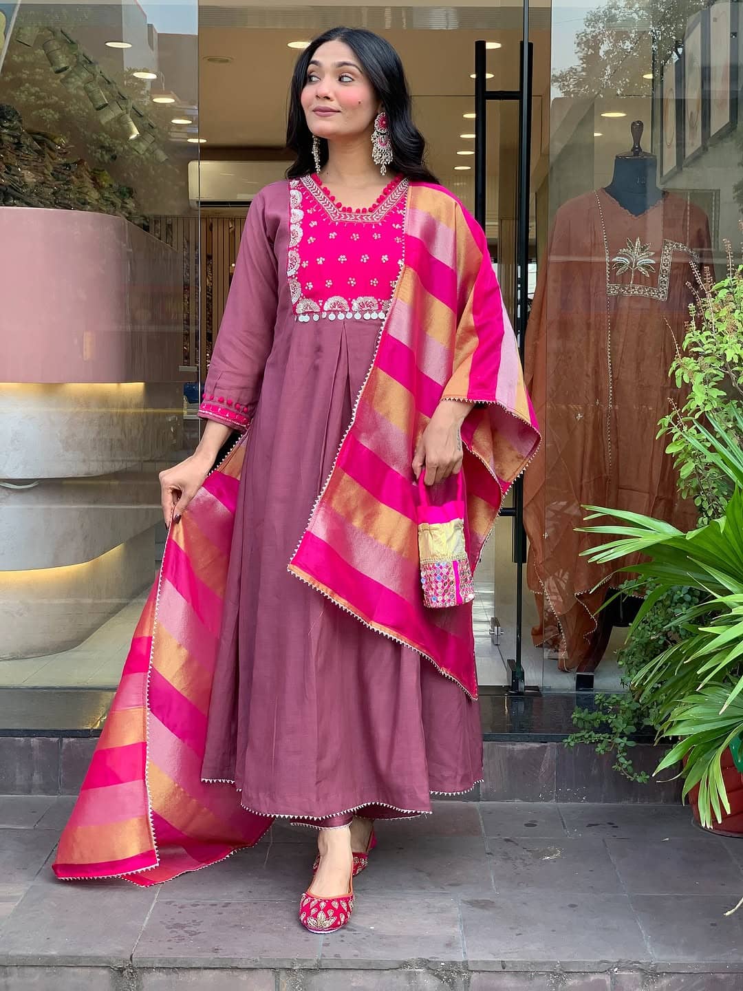 MEHZEEL FAB Women Silk Embroidered Anarkali Kurti With Pants ( Mauve )