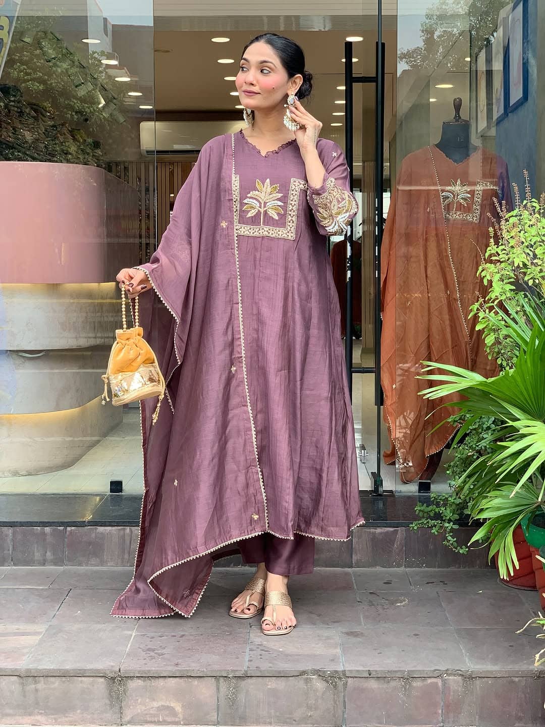 MEHZEEL FAB Women Silk Printed Anarkali Kurti With Pants ( Mauve )