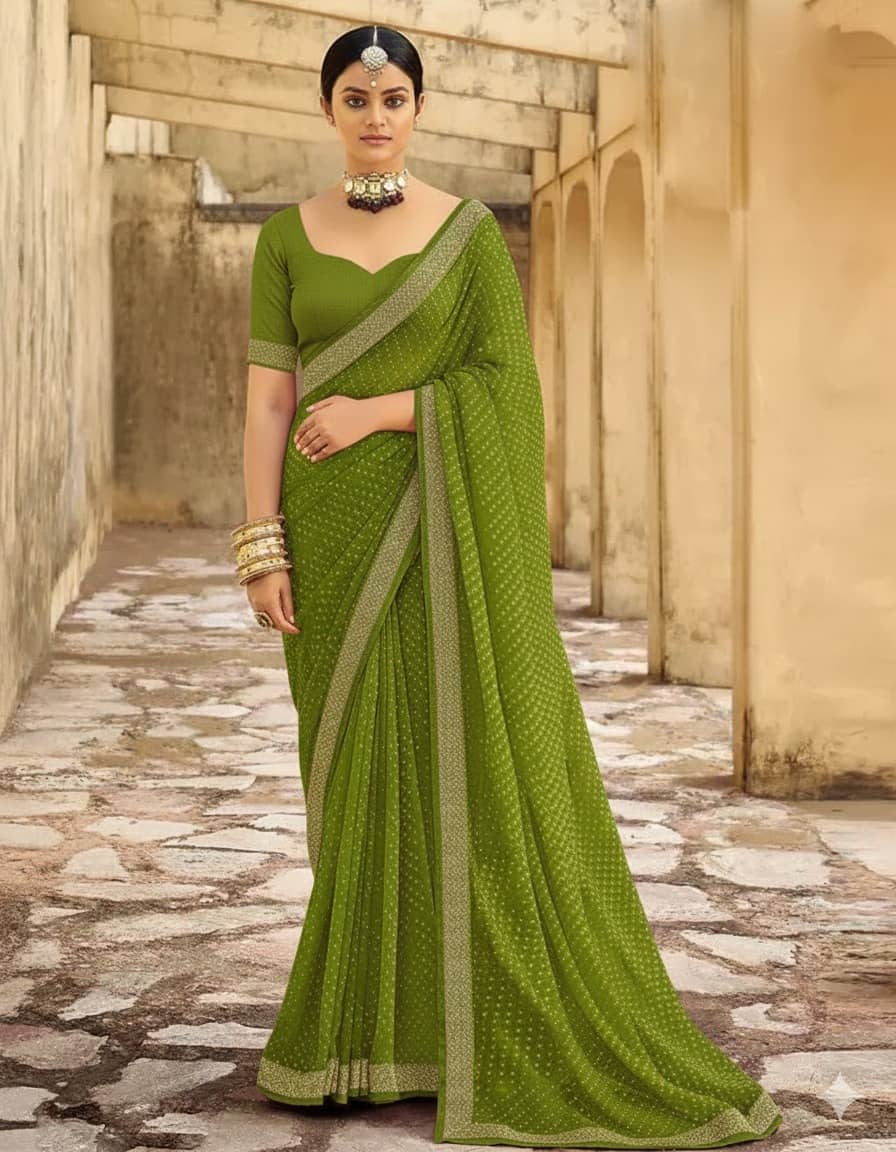Suntex Georgette Printed Bandhani Sarees With Unstitched Blouse Piece ( Green ) - Sarees | Buy online on ZillyBuy