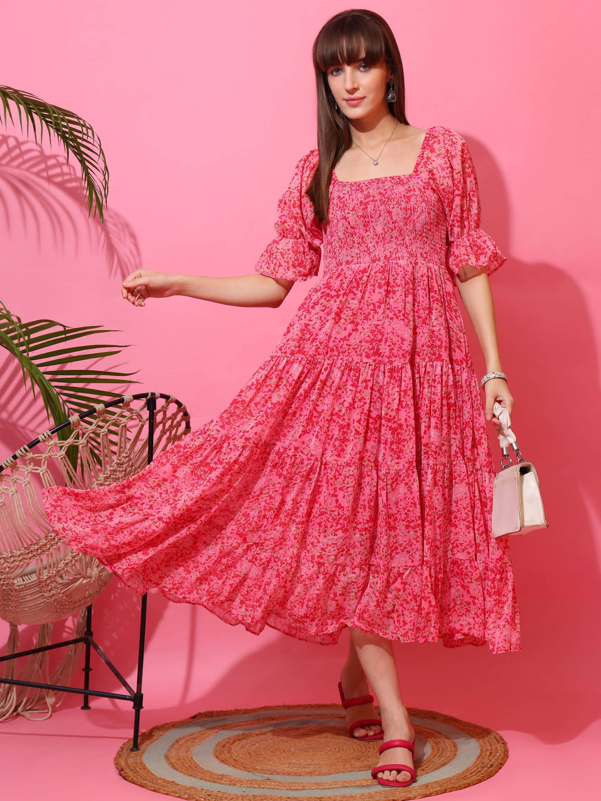 Sheetal associates Women Georgette Printed Fit & Flare Dress ( Pink )
