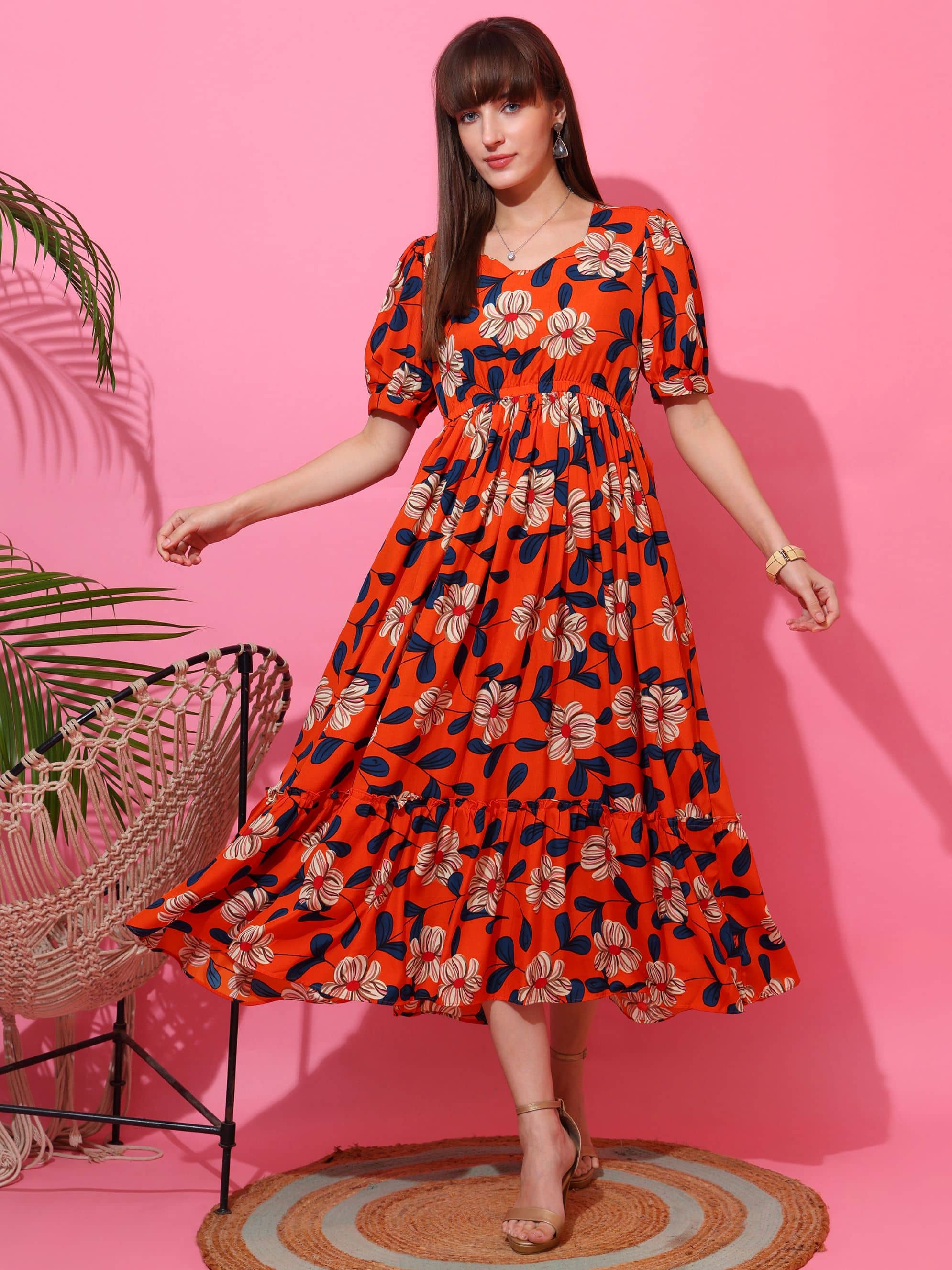 Sheetal associates Women Polyester Printed Fit & Flare Dress ( Orange )