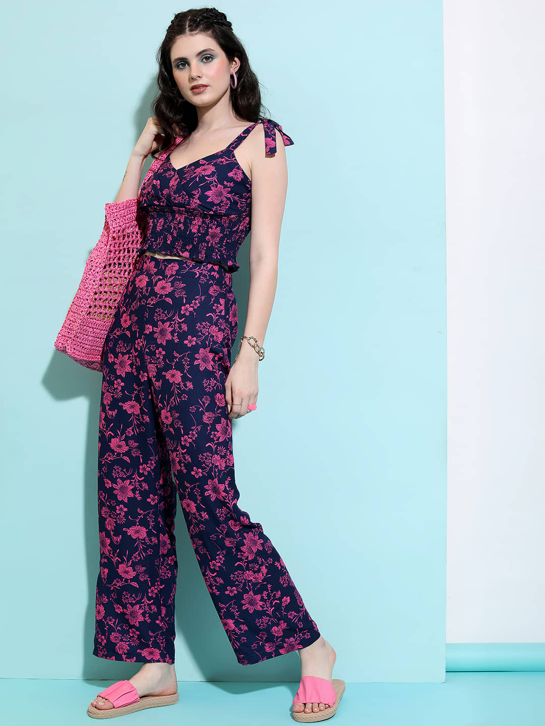 Tokyo Talkies Women Top With Trousers Co-Ord Set ( Navy )