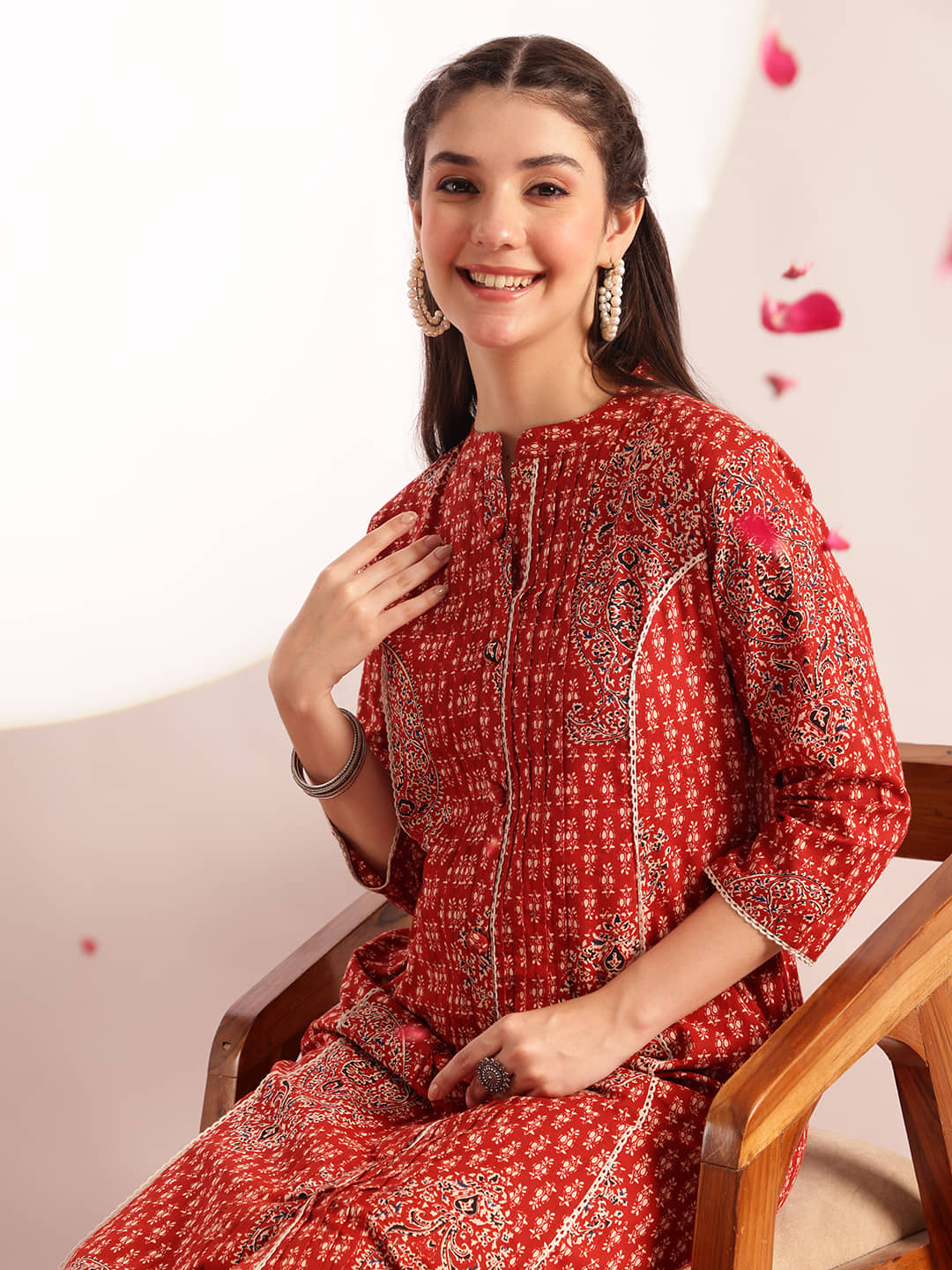 Vbuyz Women Cotton Printed Flared Kurti With Pants ( Maroon )