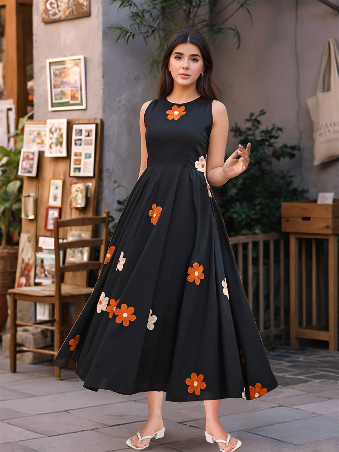 Apnisha Women Rayon Embroidered Fit & Flare Dress ( Black )