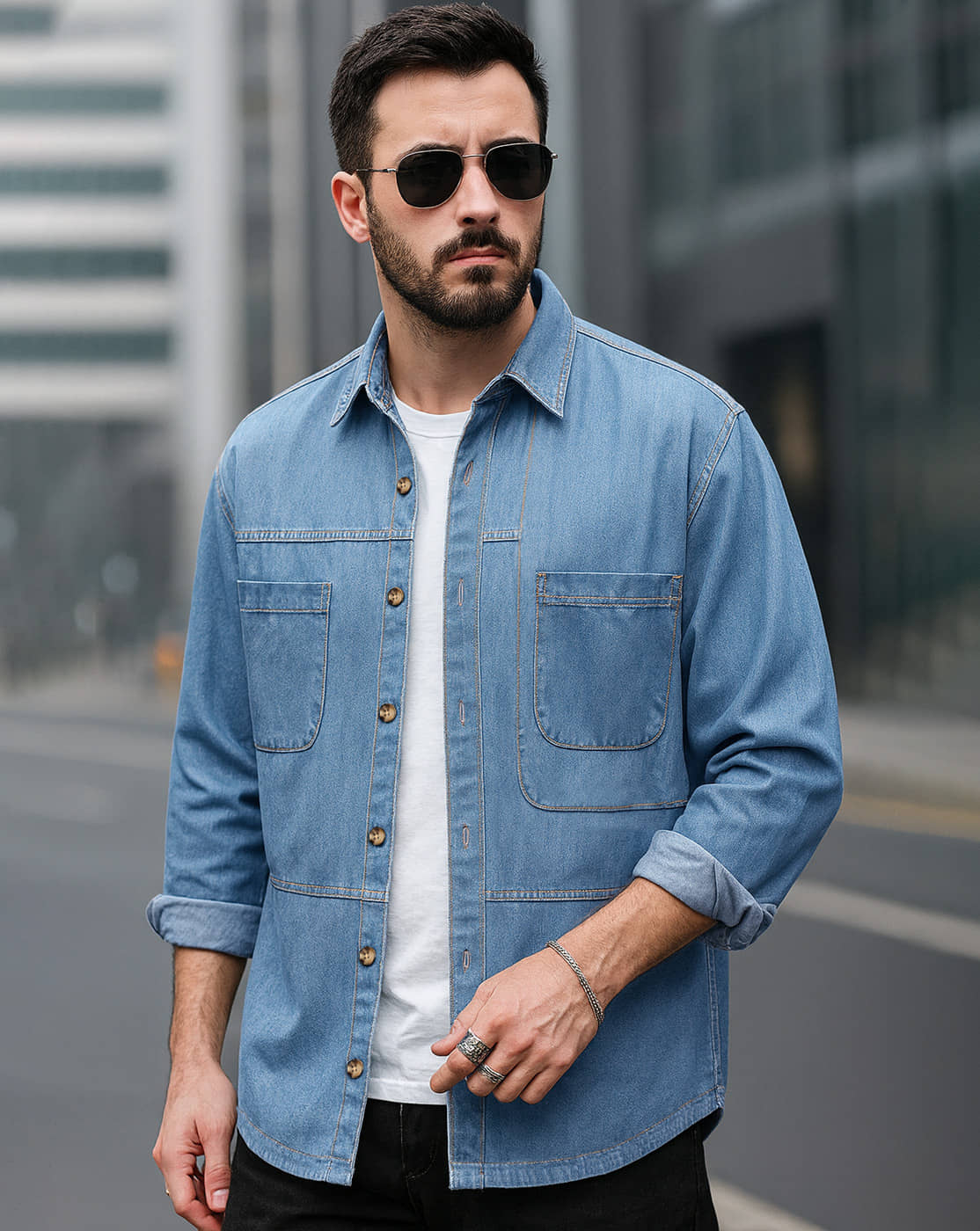 Eyebogler Denim Oversized Fit Solids Full Sleeves Men's Casual Shirt - Navy ( Pack of 1 )