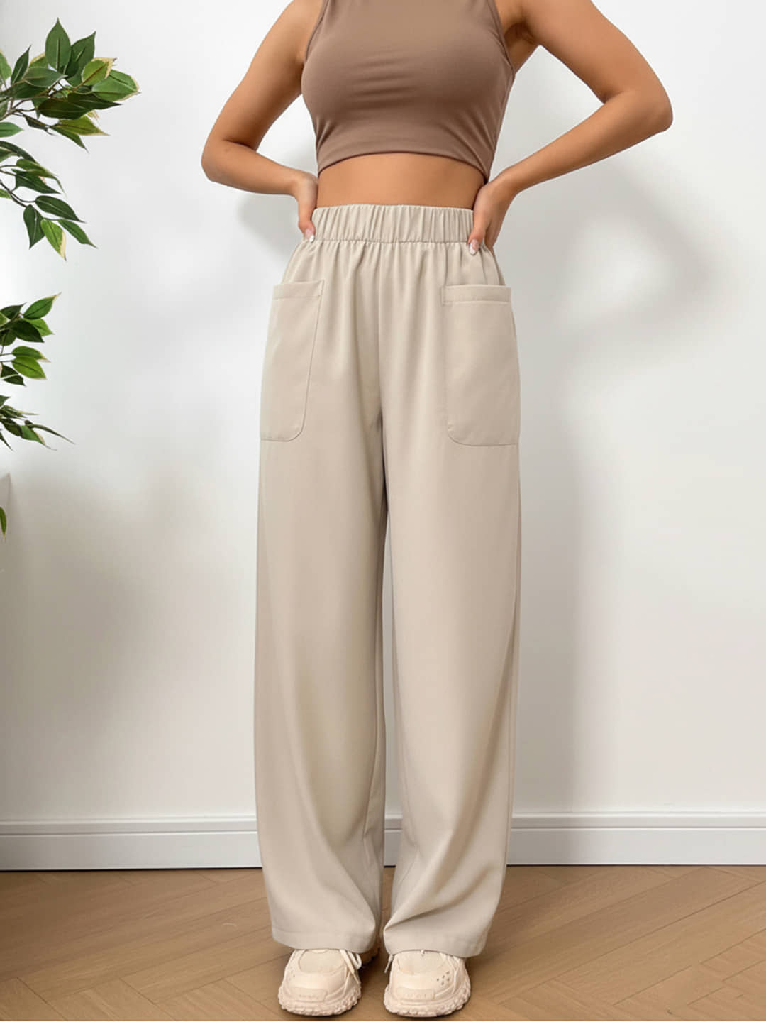 DE TRENDZ Women Cotton Wide Leg Trousers ( Beige ) - Trousers | Buy online on ZillyBuy