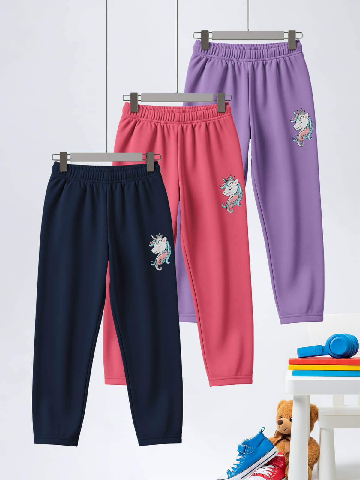 HELLCAT Trendy Printed Cotton Blend Girls Pyjama-Pack of 3 | Pyjama Pants for Kids_Blue_Pink_Lavender - Track Pants | Buy online on ZillyBuy