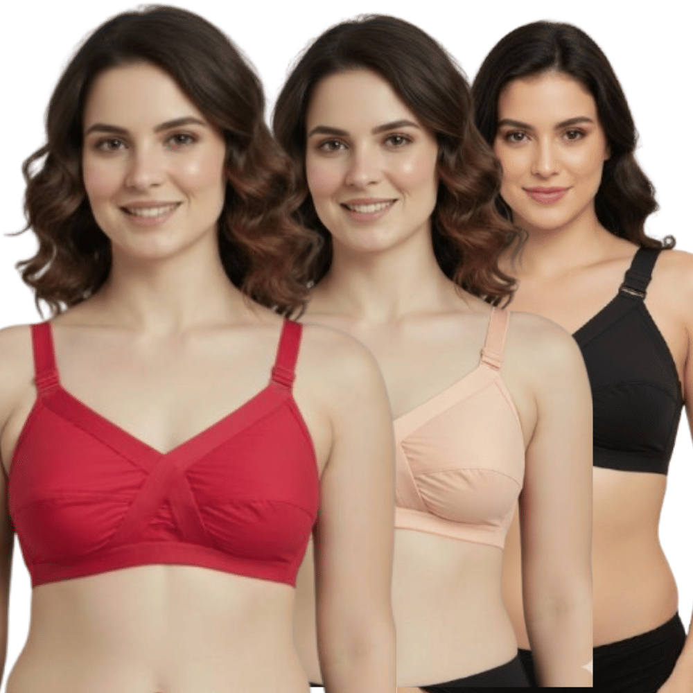 love girl Pack of 3 Cotton Non Padded Everyday Bra For Women ( Red,Peach,Black )