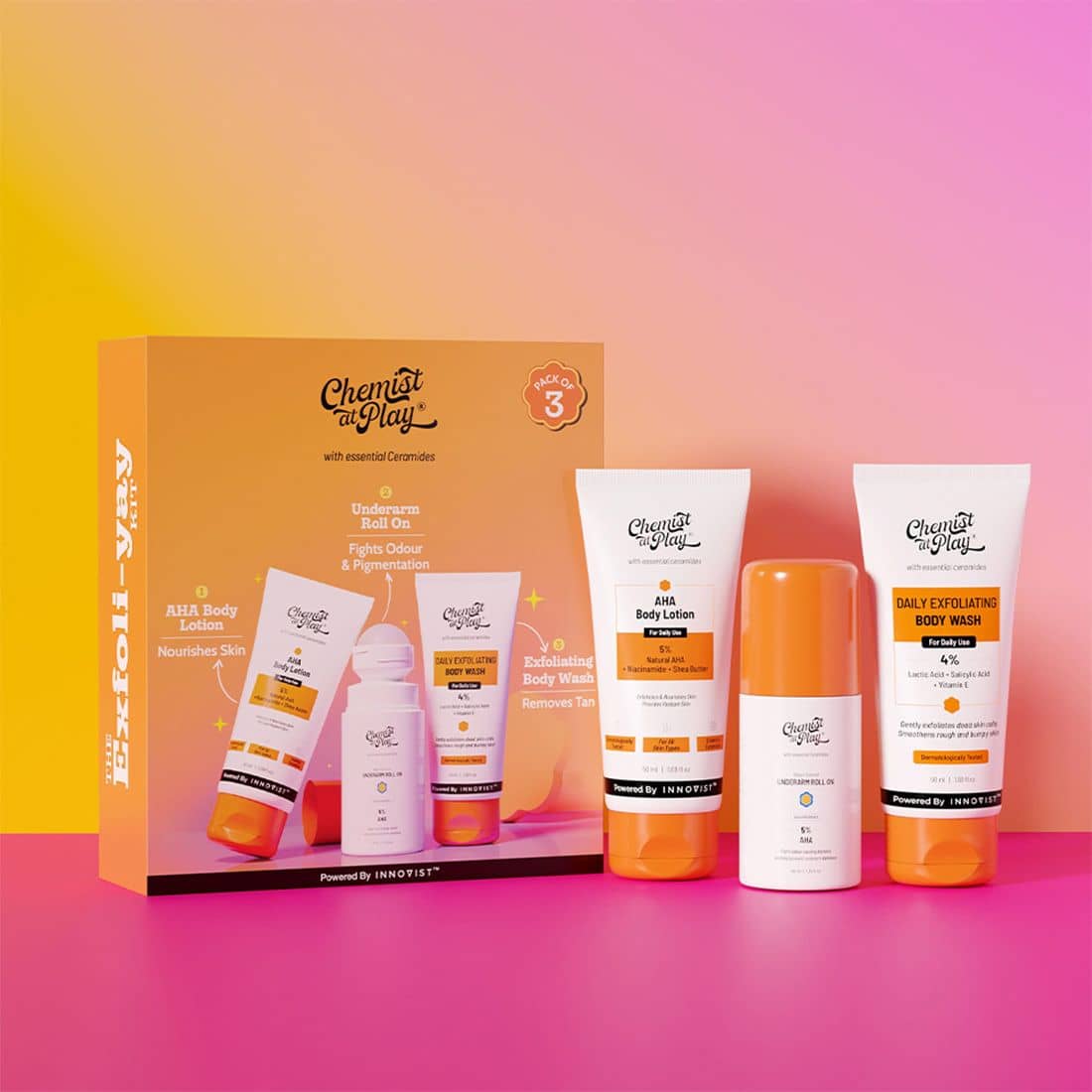 Chemist at Play Exfoliating Kit with Body Wash, Aqua Underarm Roll On & AHA Body Lotion, 50ml + 50ml + 40ml (Pack of 3)