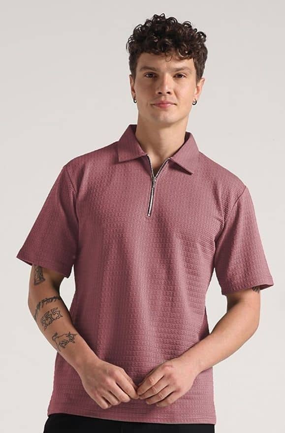 INDICLUB Men Polyester Regular Fit Self Design Polo T Shirt ( Pink )