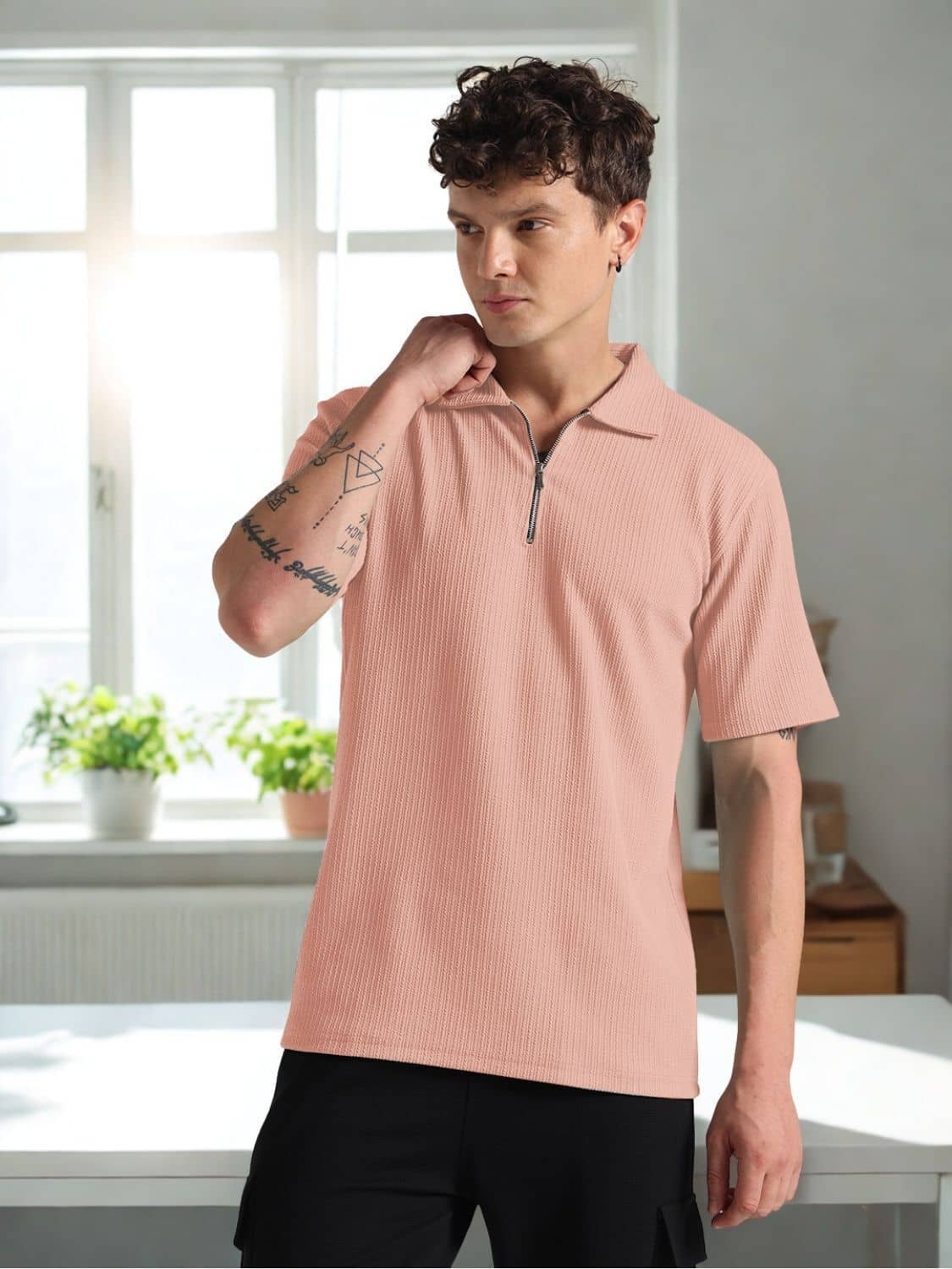 INDICLUB Men Polyester Regular Fit Self Design Polo T Shirt ( Pink )