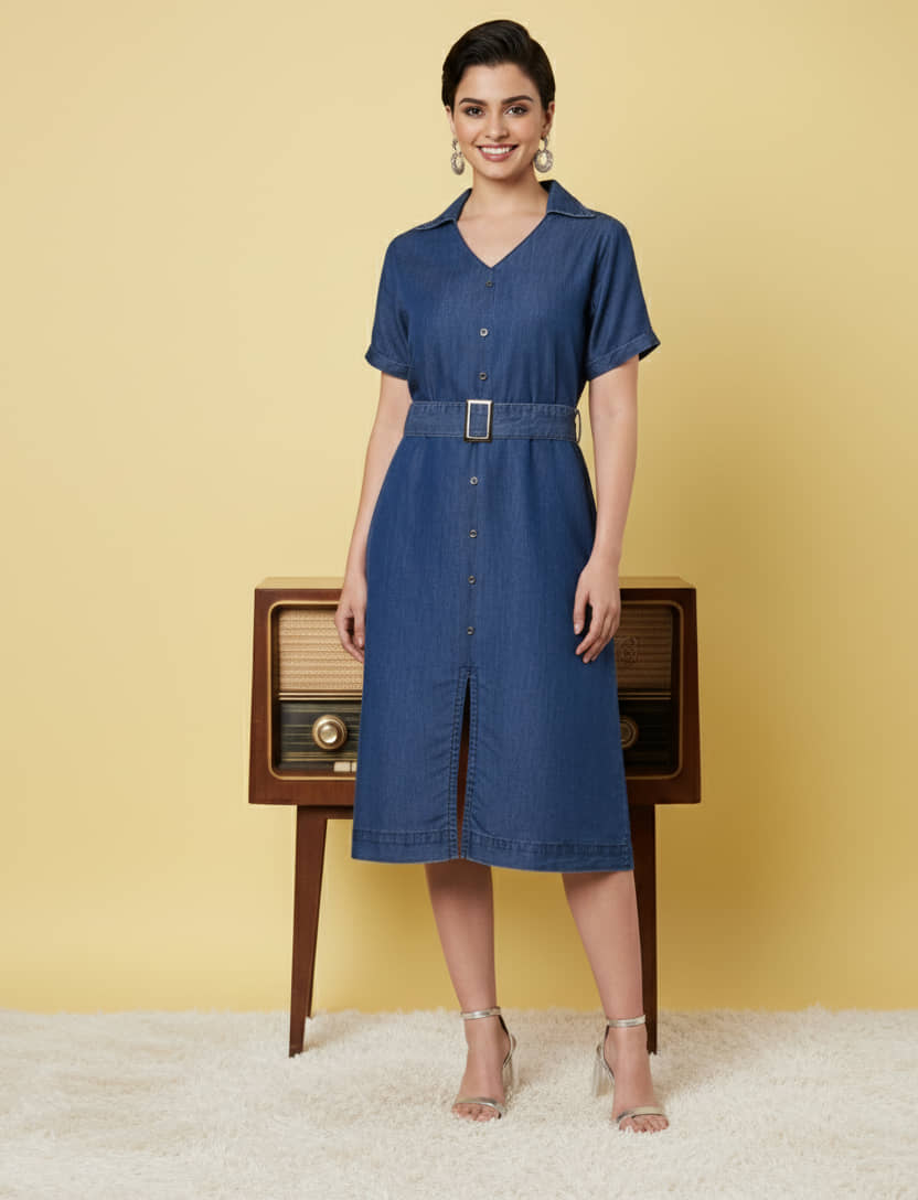 Pannkh Women Denim Solid A-line Dress ( Blue )