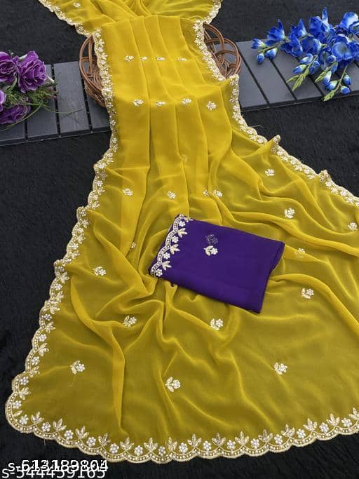 Shivadit ethnic Chiffon Embellished Regular Saree With Unstitched Blouse Piece ( Yellow ) - Sarees | Buy online on ZillyBuy