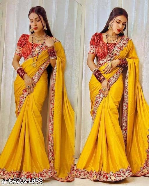 Shivadit ethnic Chiffon Solid Regular Saree With Unstitched Blouse Piece ( Yellow ) - Sarees | Buy online on ZillyBuy