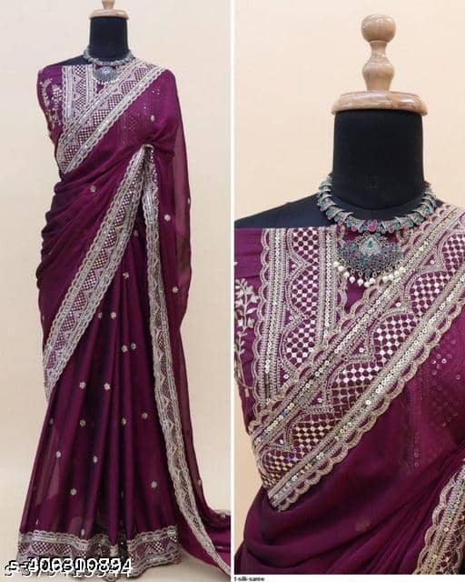 Shivadit ethnic Georgette Embroidered Chettinad Saree With Unstitched Blouse Piece ( Wine ) - Sarees | Buy online on ZillyBuy
