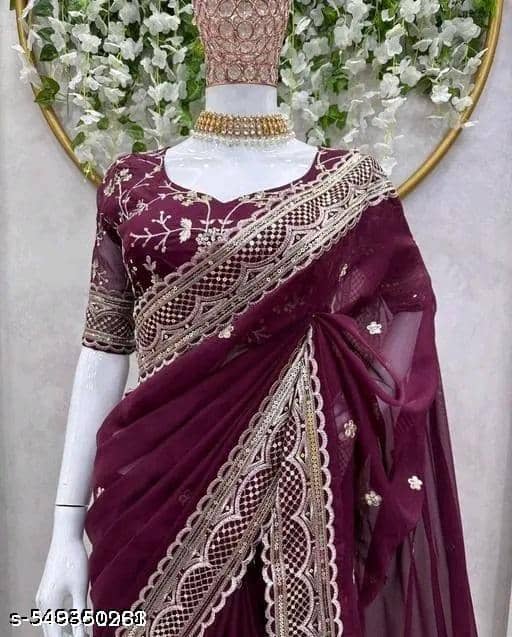 Shivadit ethnic Georgette Embroidered Regular Saree With Unstitched Blouse Piece ( Wine ) - Sarees | Buy online on ZillyBuy