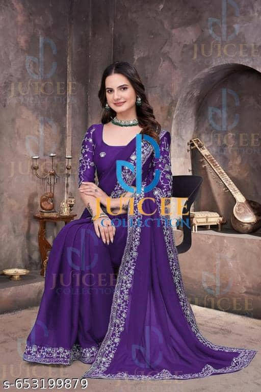 Shivadit ethnic Georgette Embroidered Regular Saree With Unstitched Blouse Piece ( Blue ) - Sarees | Buy online on ZillyBuy