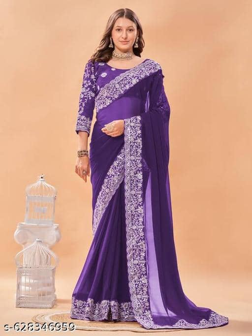 Shivadit ethnic Georgette Embroidered Regular Saree With Unstitched Blouse Piece ( Wine ) - Sarees | Buy online on ZillyBuy