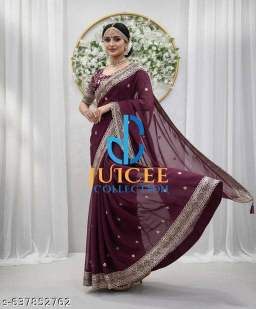 Shivadit ethnic Georgette Embroidered Regular Saree With Unstitched Blouse Piece ( Purple ) - Sarees | Buy online on ZillyBuy