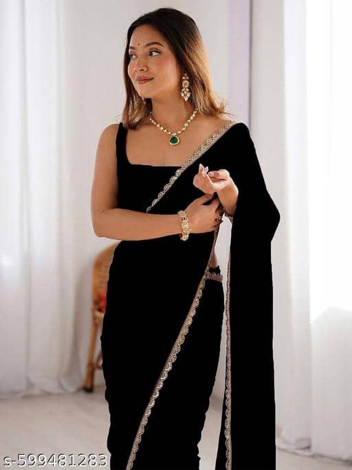 Shivadit ethnic Georgette Solid Regular Saree With Unstitched Blouse Piece ( Black ) - Sarees | Buy online on ZillyBuy