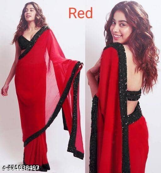 Shivadit ethnic Georgette Solid Regular Saree With Unstitched Blouse Piece ( Red ) - Sarees | Buy online on ZillyBuy